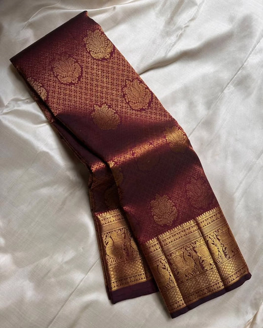 Beautiful Wine Soft Banarasi Silk Saree With Smart Blouse Piece