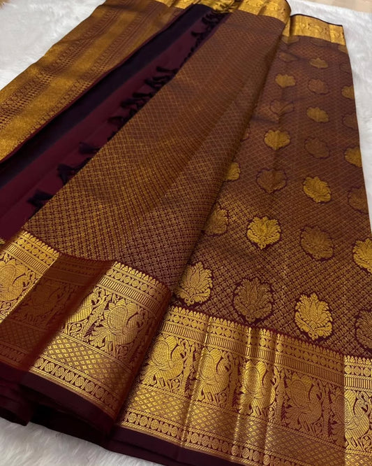 Beautiful Wine Soft Banarasi Silk Saree With Smart Blouse Piece