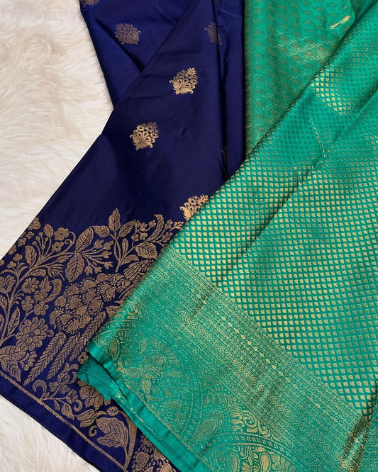 Opulent Navy Blue Soft Banarasi Silk Saree With Groovy Blouse Piece