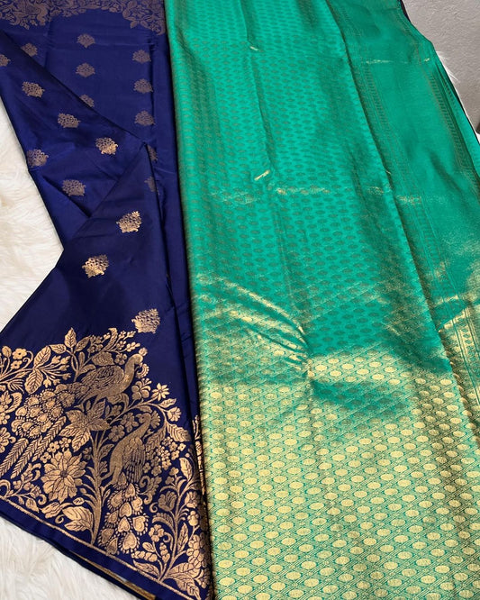 Opulent Navy Blue Soft Banarasi Silk Saree With Groovy Blouse Piece