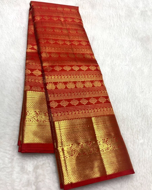 Demure Red Soft Banarasi Silk Saree With Ebullience Blouse Piece