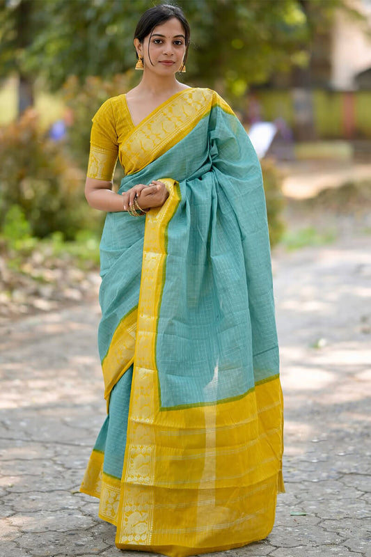 Traditional Firozi Soft Silk Saree With Breathtaking Blouse Piece