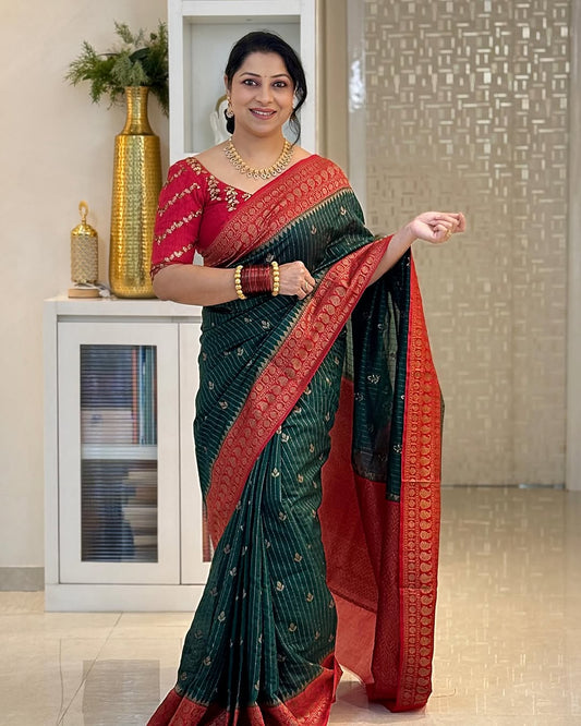 Artistic Dark Green Soft Silk Saree With Jubilant Blouse Piece