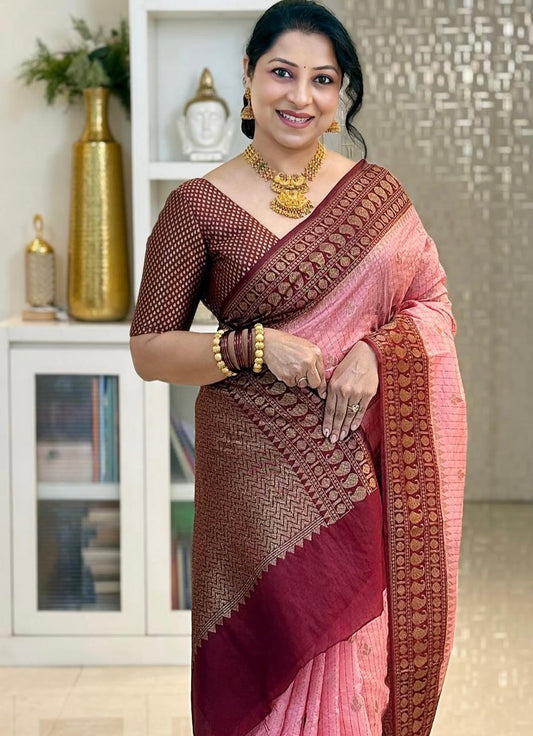 Smart Pink Soft Silk Saree With Rhapsody Blouse Piece