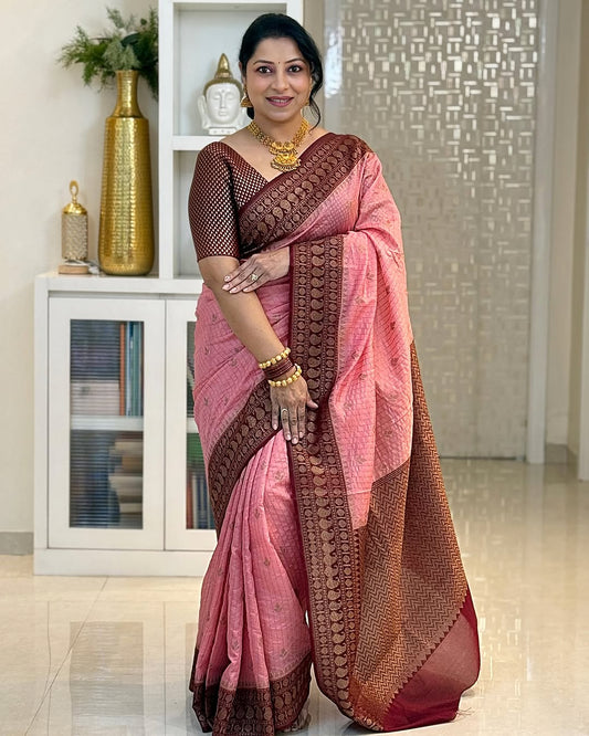 Smart Pink Soft Silk Saree With Rhapsody Blouse Piece