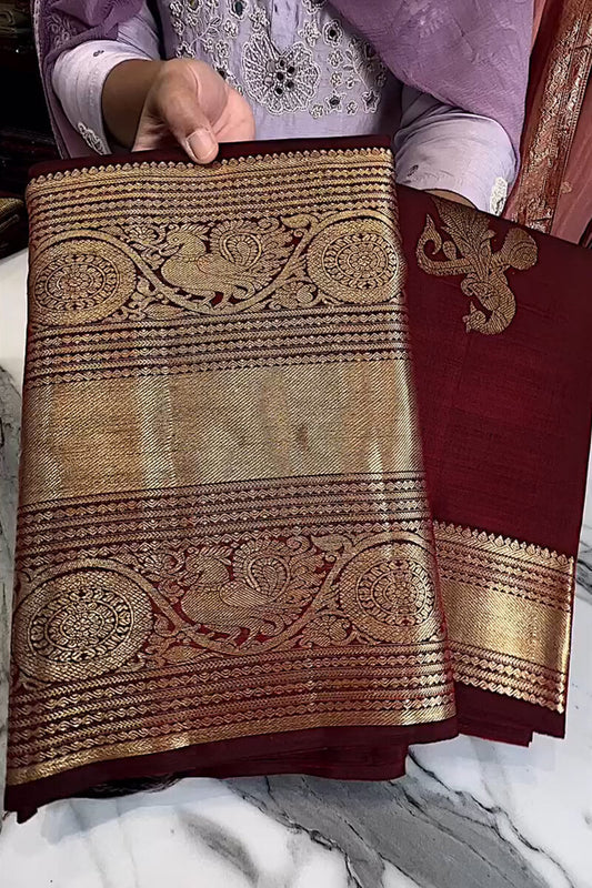 Majesty Wine Soft Banarasi Silk Saree With Blissful Blouse Piece