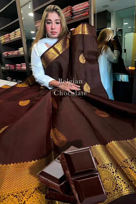 Brood Brown Soft Banarasi Silk Saree With Fancifull Blouse Piece