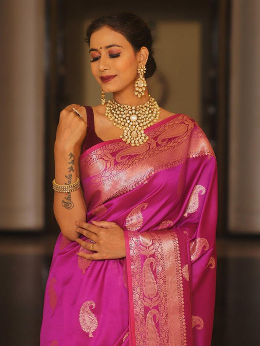 Pleasurable Dark Pink Soft Banarasi Silk Saree With Exquisite Blouse Piece