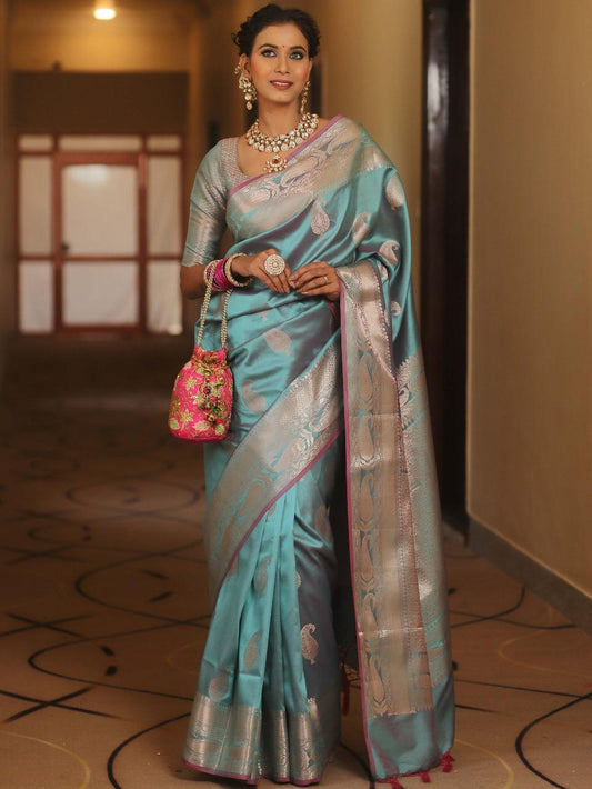 Embellished Firozi Soft Banarasi Silk Saree With Glorious Blouse Piece