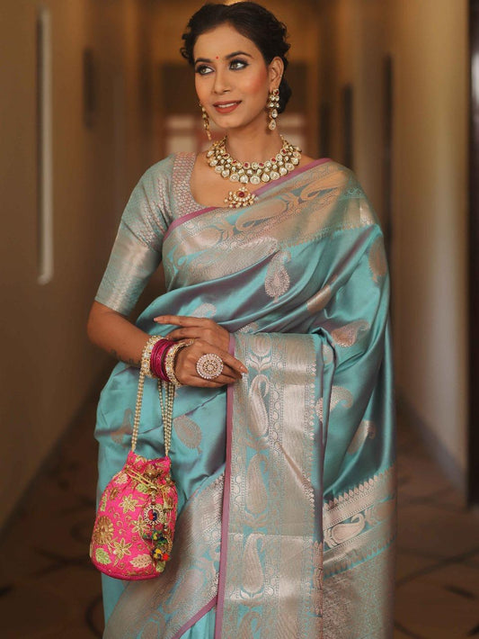Embellished Firozi Soft Banarasi Silk Saree With Glorious Blouse Piece