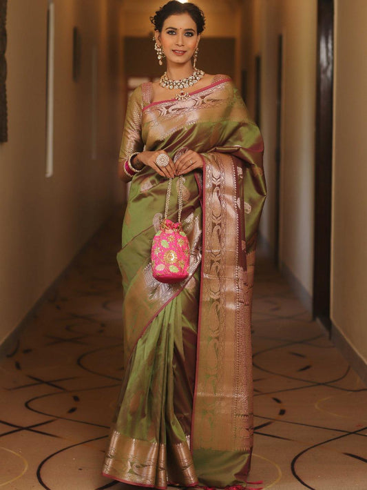 Divine Mehndi Soft Banarasi Silk Saree With Classy Blouse Piece