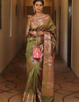 Divine Mehndi Soft Banarasi Silk Saree With Classy Blouse Piece