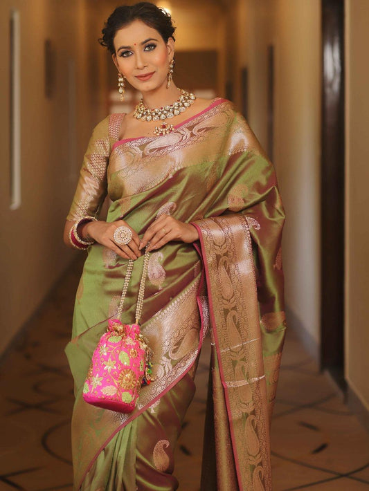 Divine Mehndi Soft Banarasi Silk Saree With Classy Blouse Piece