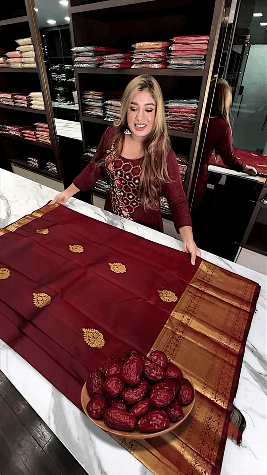 Elision Maroon Soft Banarasi Silk Saree With Gossamer Blouse Piece