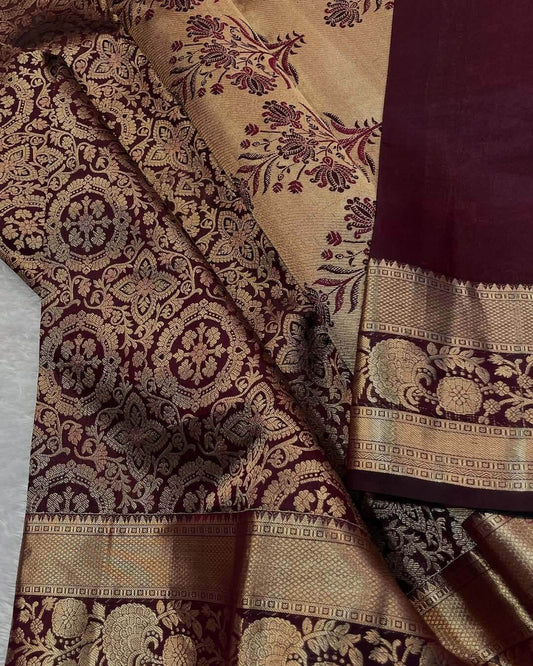 Sizzling Wine Soft Banarasi Silk Saree With Prodigal Blouse Piece