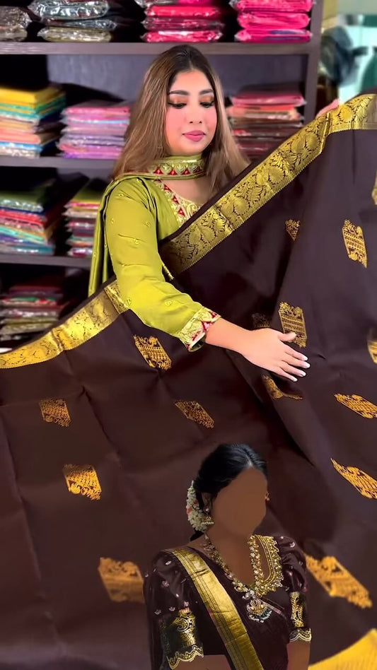 Vivacious Brown Soft Banarasi Silk Saree With Marvellous Blouse Piece