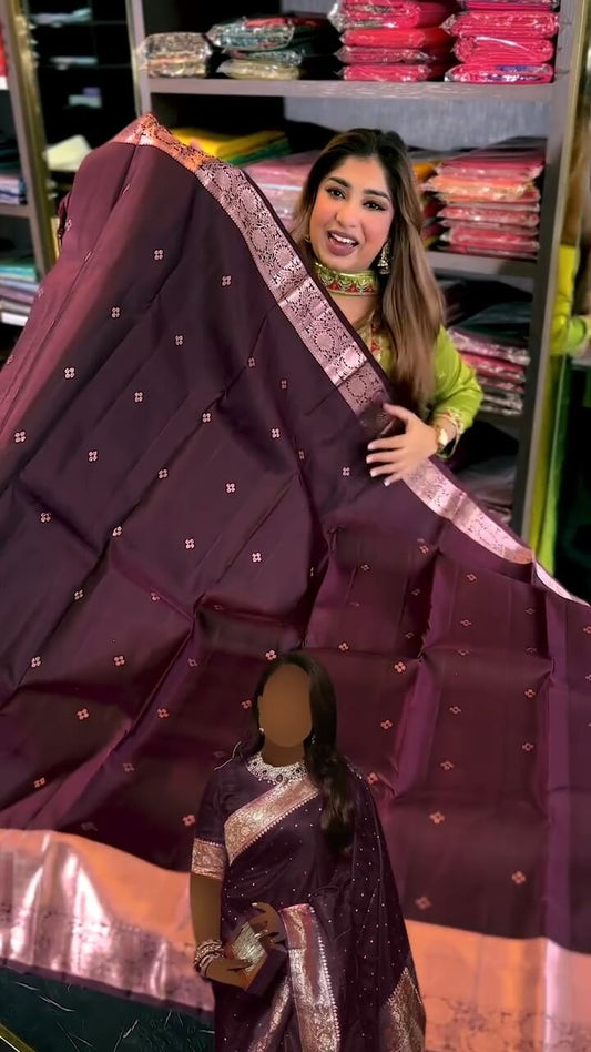 Hypnotic Wine Soft Banarasi Silk Saree With Desuetude Blouse Piece