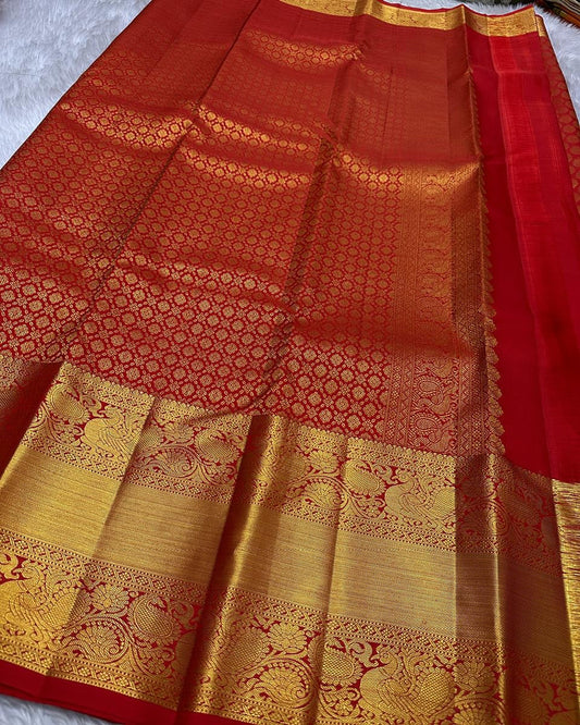 Stylish Red Soft Banarasi Silk Saree With Exquisite Blouse Piece
