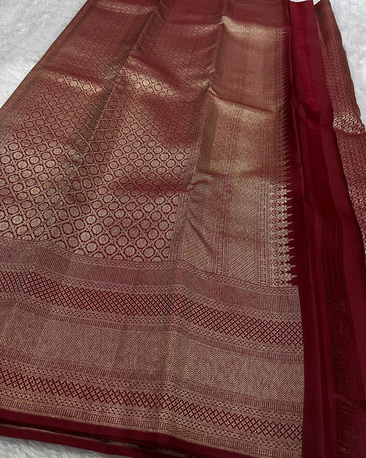 Lustrous Wine Soft Banarasi Silk Saree With Beauteous Blouse Piece