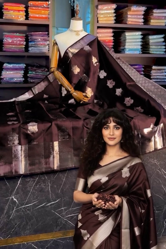 Incomparable Brown Soft Banarasi Silk Saree With Engaging Blouse Piece