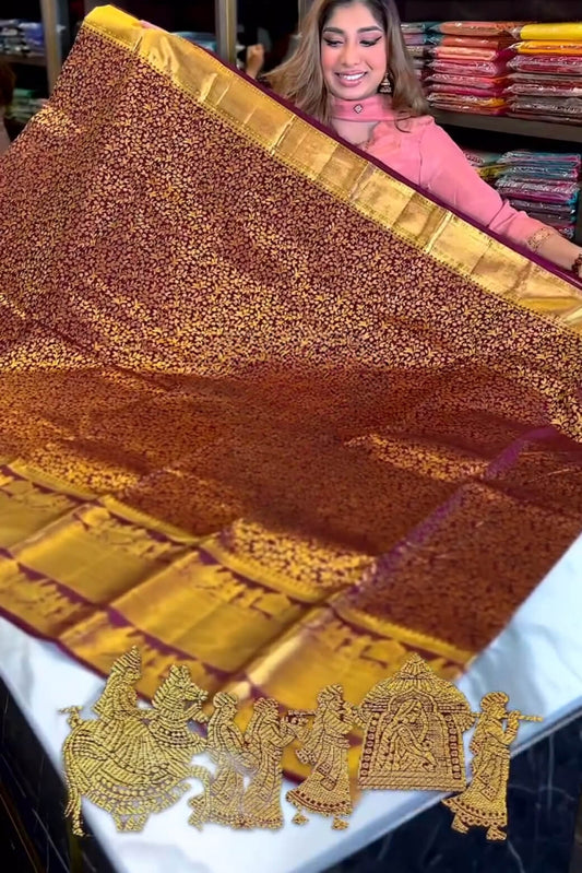 Eclat Wine Soft Banarasi Silk Saree With Traditional Blouse Piece