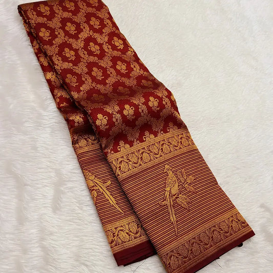 Murmurous Maroon Pure Zari Weaving Banarasi Silk Saree With Incredible Blouse Piece