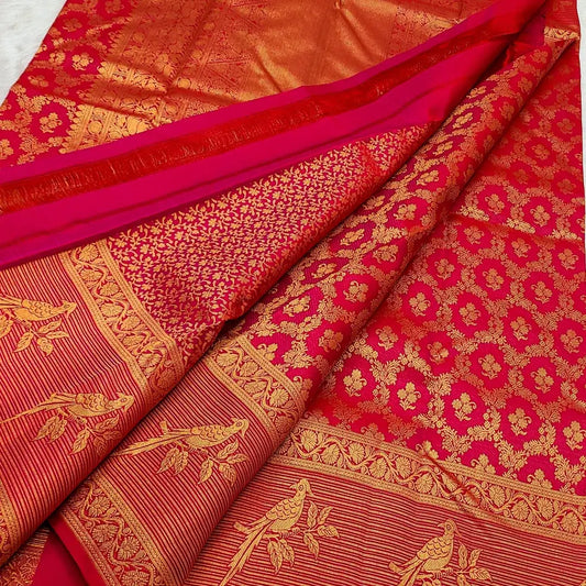 Lissome Red Pure Zari Weaving Banarasi Silk Saree With Imbrication Blouse Piece