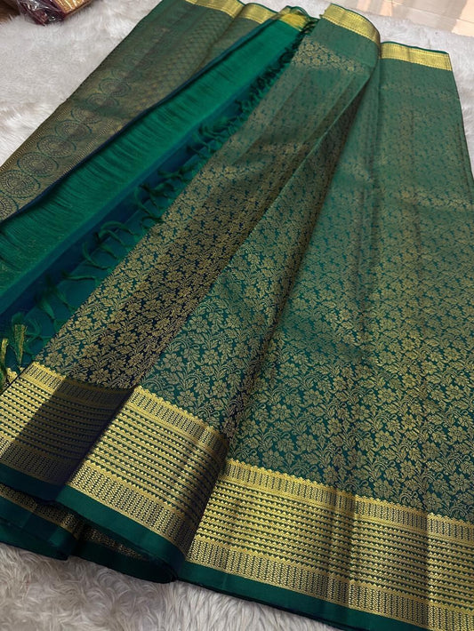 Amazing Rama Pure Zari Weaving Banarasi Silk Saree With Sensational Blouse Piece