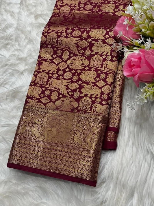 Lassitude Wine Pure Zari Weaving Banarasi Silk Saree With Seraglio Blouse Piece