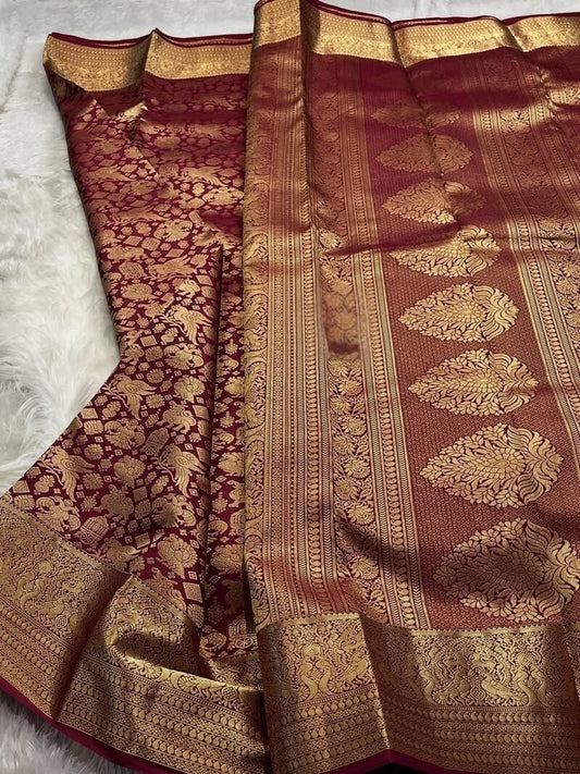 Lassitude Wine Pure Zari Weaving Banarasi Silk Saree With Seraglio Blouse Piece