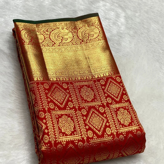 Staggering Red Pure Zari Weaving Banarasi Silk Saree With Piquant Blouse Piece