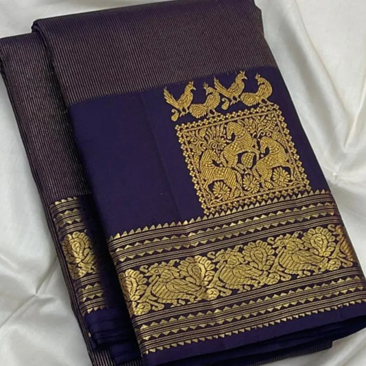 Nebula Navy Blue Pure Zari Weaving Banarasi Silk Saree With Assemblage Blouse Piece