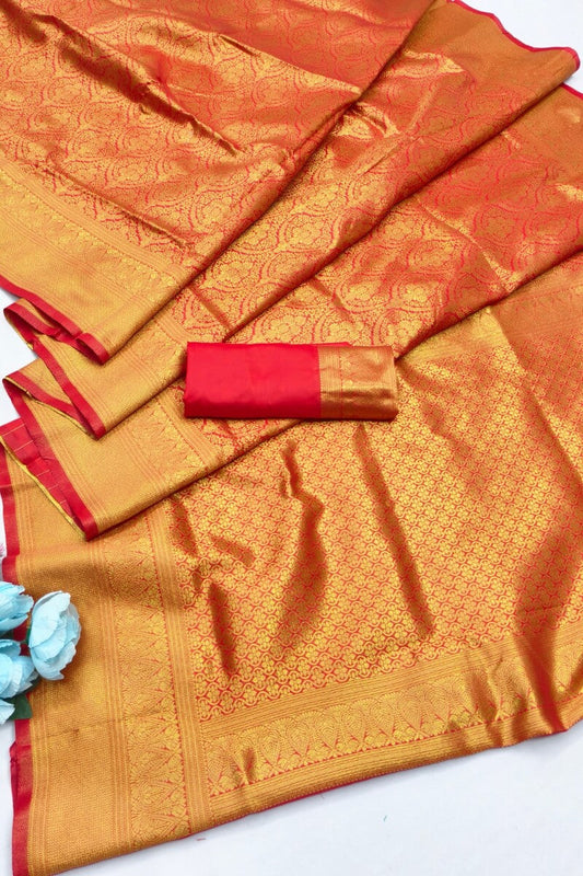 Pretty Red Pure Zari Weaving Banarasi Silk Saree With Desuetude Blouse Piece