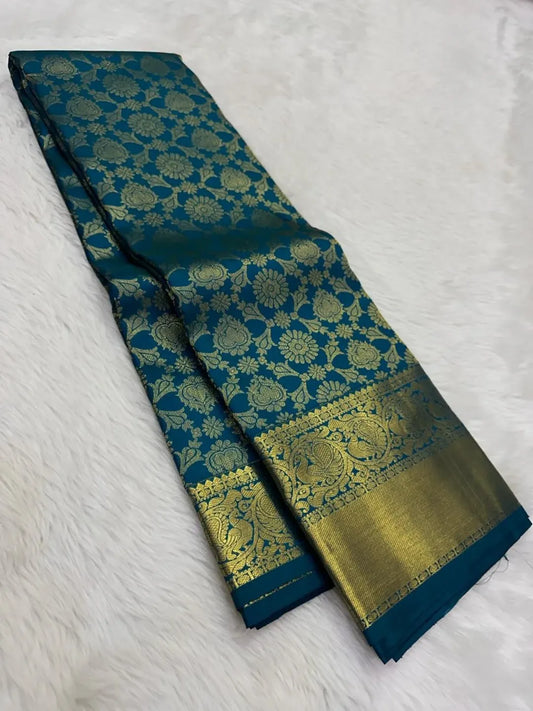 Imbrication Rama Pure Zari Weaving Banarasi Silk Saree With Enamoring Blouse Piece