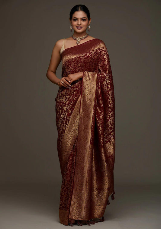 Ephemeral Maroon Pure Banarasi Silk Saree With Outstanding Blouse Piece