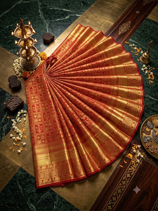 Beautiful Red Pure Banarasi Silk Saree With Inspiring Blouse Piece