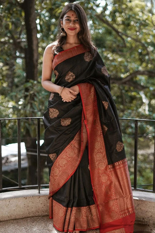 Evocative Black Soft Silk Saree With Impressive Blouse Piece