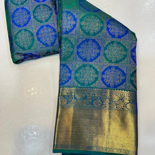 Propinquity Firozi Pure Zari Weaving Banarasi Silk Saree With Posh Blouse Piece
