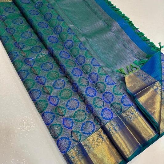 Propinquity Firozi Pure Zari Weaving Banarasi Silk Saree With Posh Blouse Piece