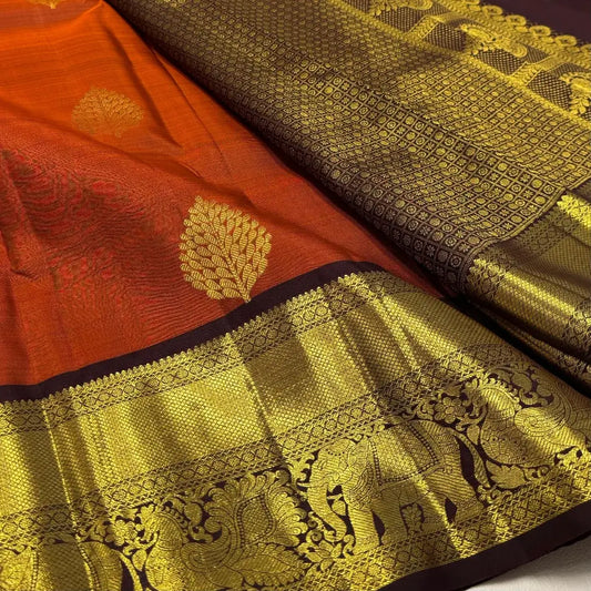 Seraphic Orange Pure Zari Weaving Banarasi Silk Saree With Comely Blouse Piece