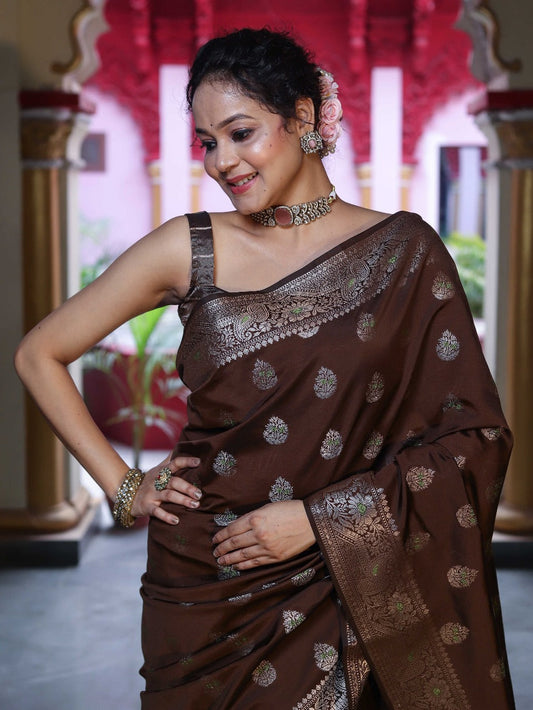 Ephemeral Brown Pure Zari Weaving Banarasi Silk Saree With Jubilant Blouse Piece