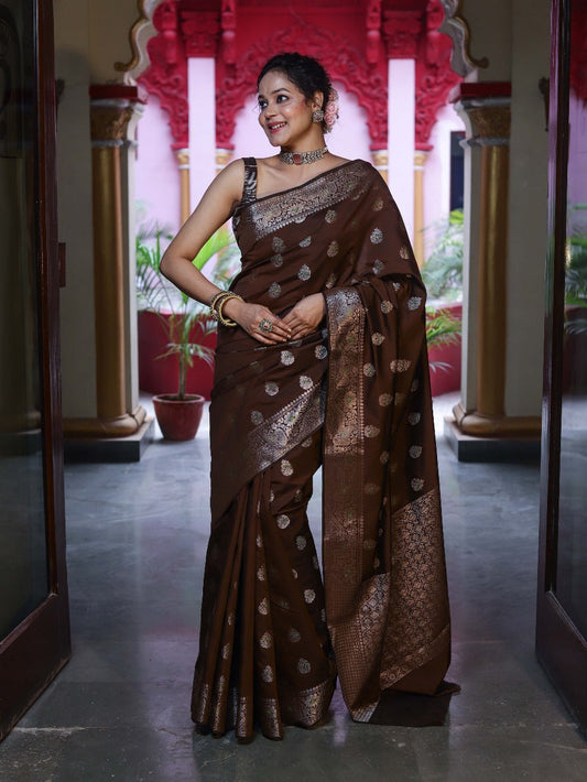 Ephemeral Brown Pure Zari Weaving Banarasi Silk Saree With Jubilant Blouse Piece