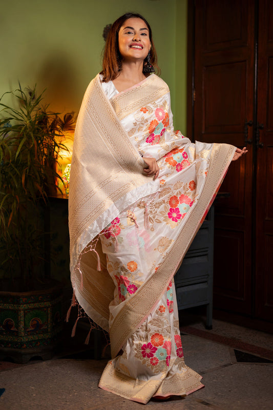 Elision Beige Soft Banarasi Silk Saree With Ailurophile Blouse Piece