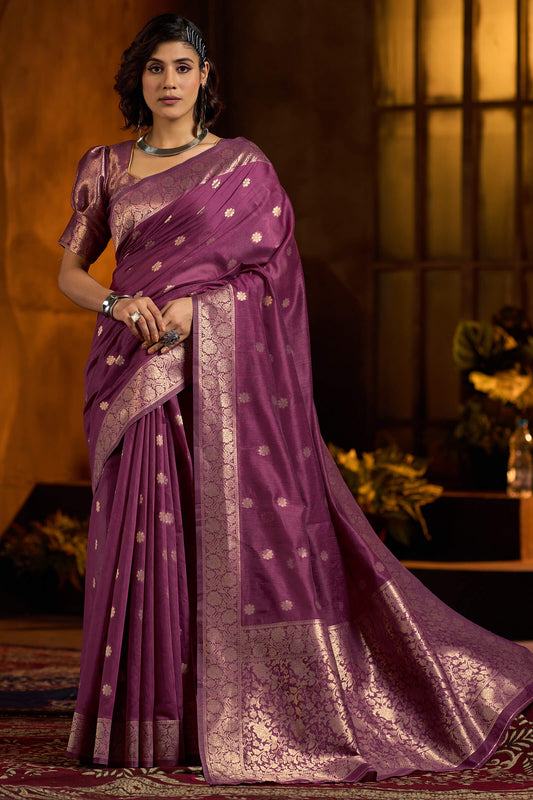 Most Flattering Purple Soft Banarasi Silk Saree With Evanescent Blouse Piece