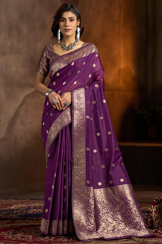 Ephemeral Wine Soft Banarasi Silk Saree With Rhapsody Blouse Piece