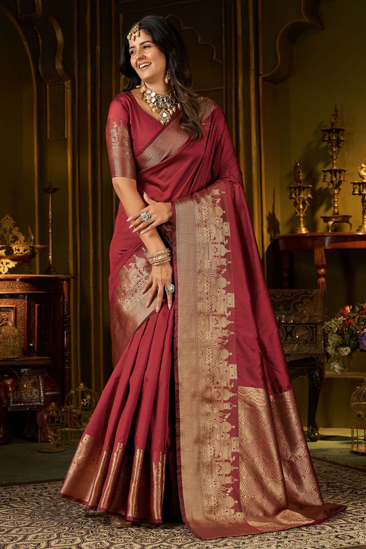 Evanescent Maroon Pure Banarasi Silk Saree With Beguiling Blouse Piece