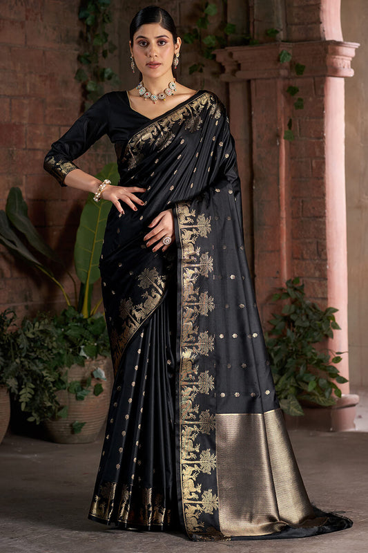 Amazing Black Pure Zari Weaving Banarasi Silk Saree With Palimpsest Blouse Piece