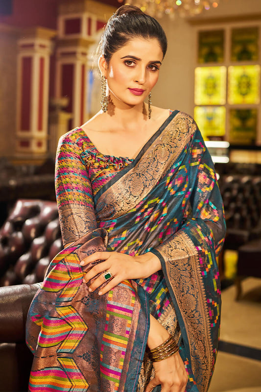 Super Moiety Blue Organza Silk Saree With Bucolic Blouse Piece