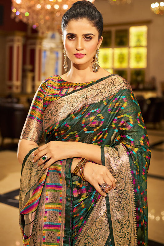 Fragrant Dark Green Organza Silk Saree With Nemesis Blouse Piece