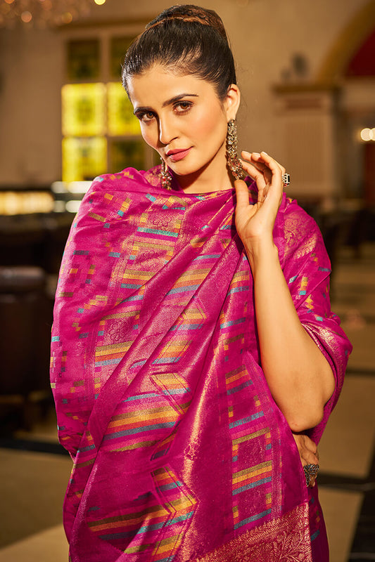 Palimpsest Magenta Organza Silk Saree With Resonant Blouse Piece